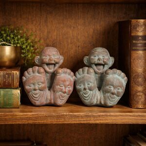 Vintage Whimsical Three-Face Feet Figurines Folk Art Patina Pair